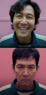 Snapshots from the show Squid Games, with one image of a character smiling and the same character looking angry and weathered below it. 